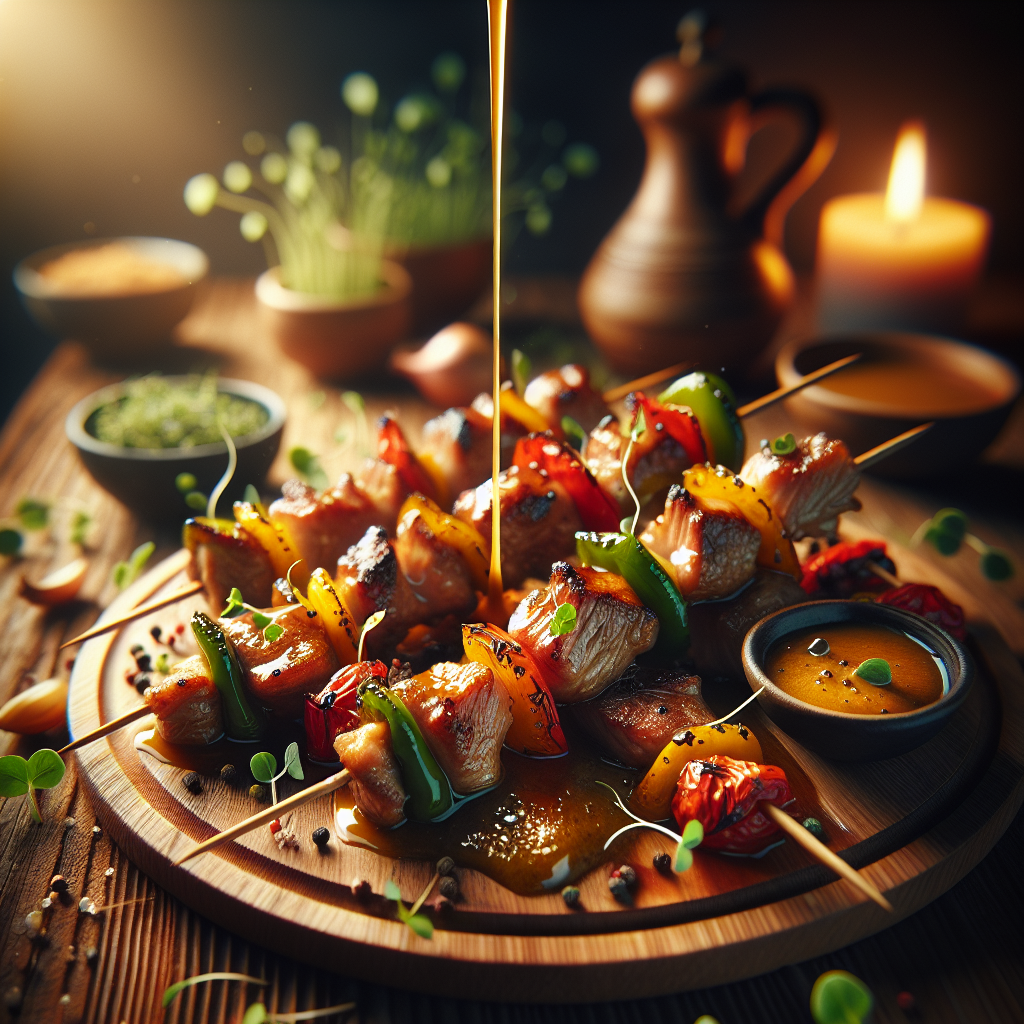 Brochetas de Chato Murciano con Salsa de Pimientos Asados